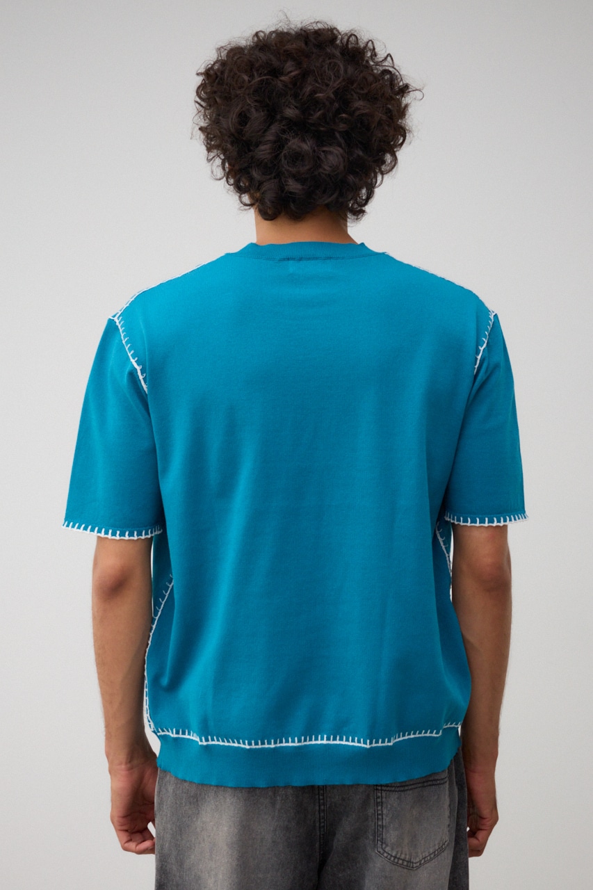 ブランケットステッチ半袖ニット BLU FREE