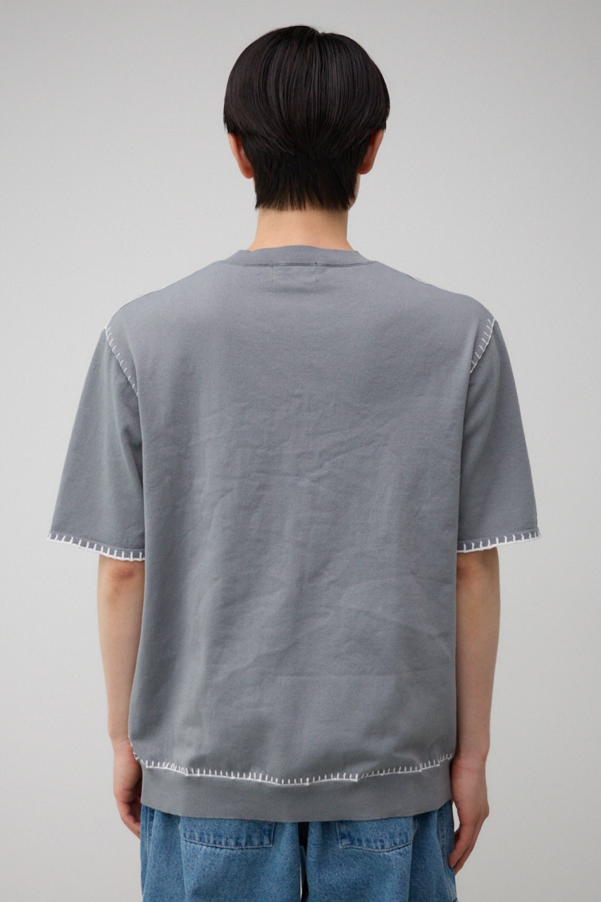 ブランケットステッチ半袖ニット L/GRY FREE