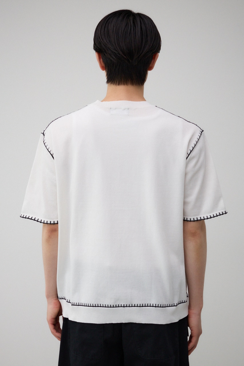 ブランケットステッチ半袖ニット O/WHT FREE
