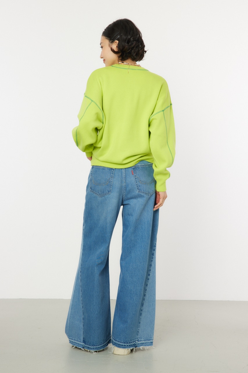 スウェットライクカラーステッチニットトップス LIME FREE