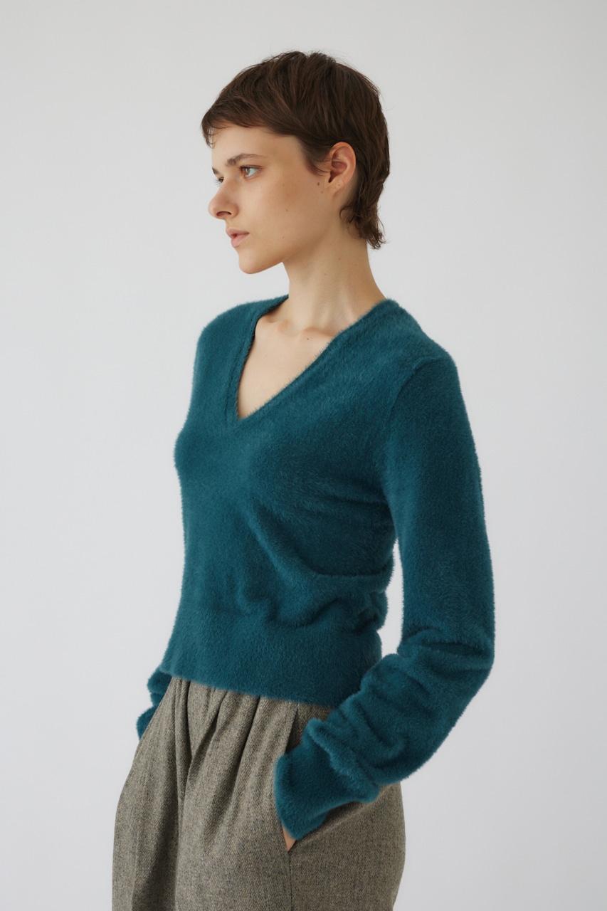 【LIMITED SALE】Shaggy v neck knit tops GRN FREE