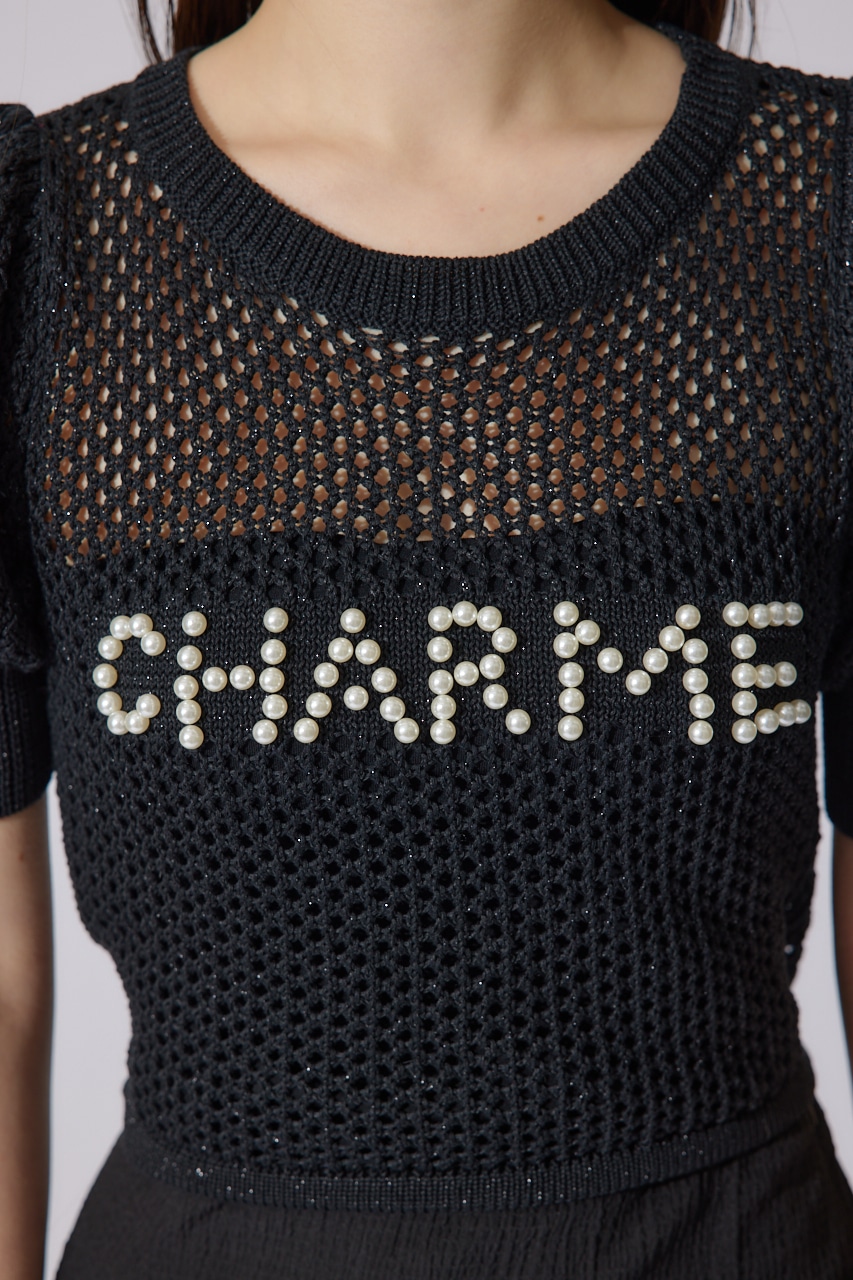 メッシュロゴショートニットトップス BLK FREE