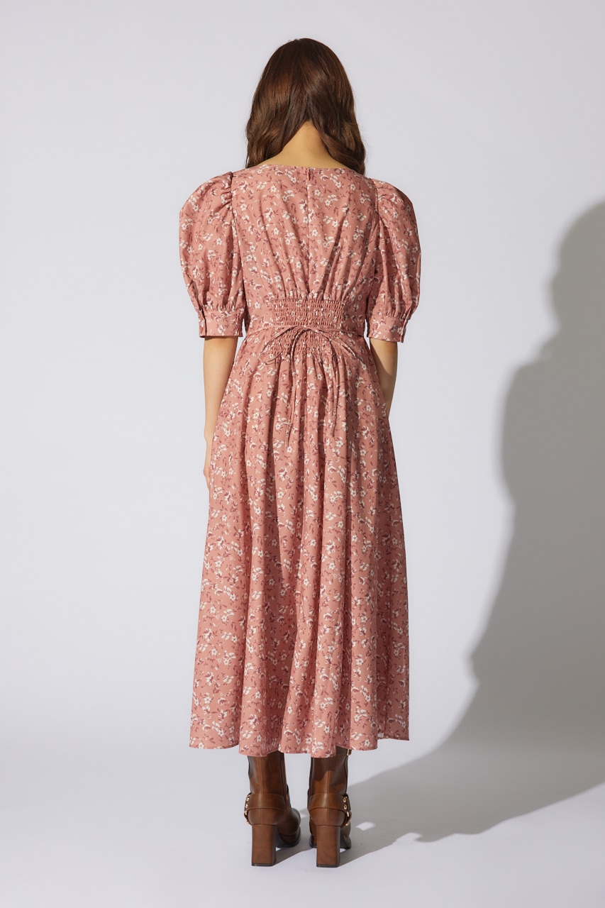 バストギャザーデザインフレアワンピース 柄RED S