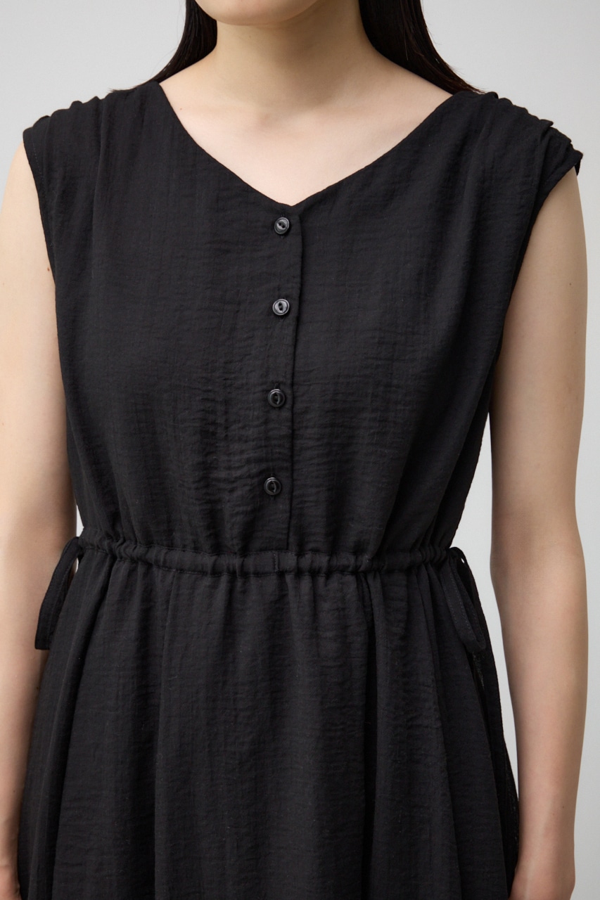 ウエスト切替袖ギャザーノースリーブワンピース BLK S