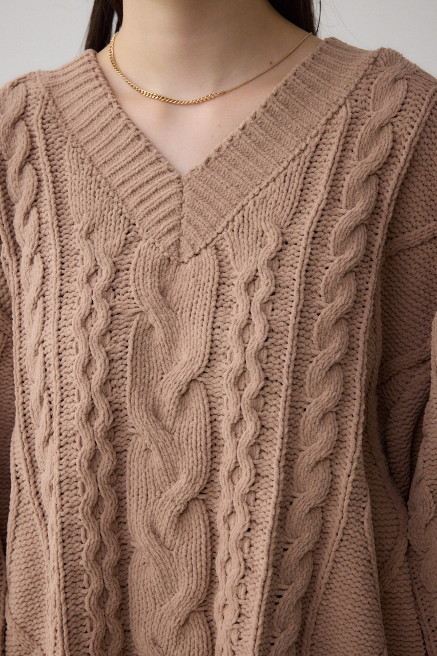シェニールケーブルVネックロングニットトップス BEG M