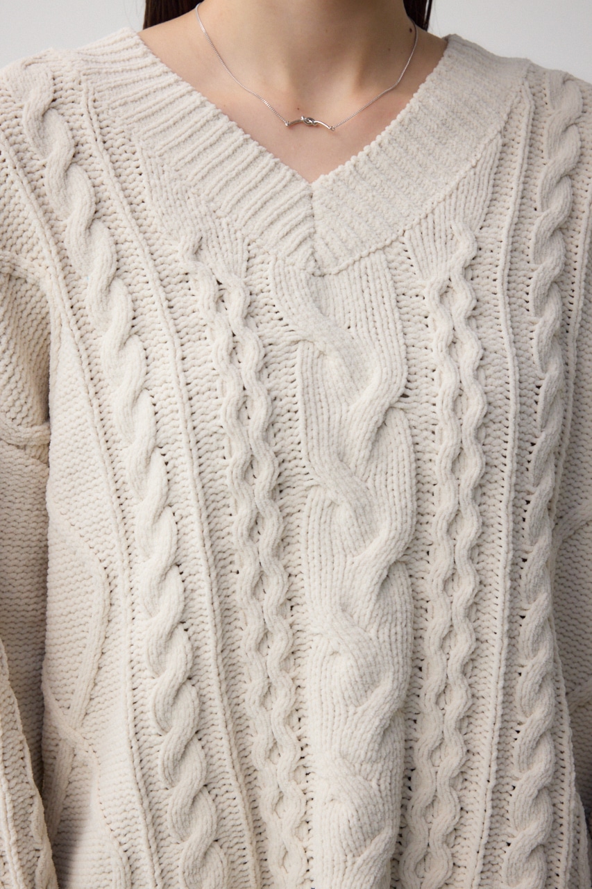 シェニールケーブルVネックロングニットトップス IVOY S