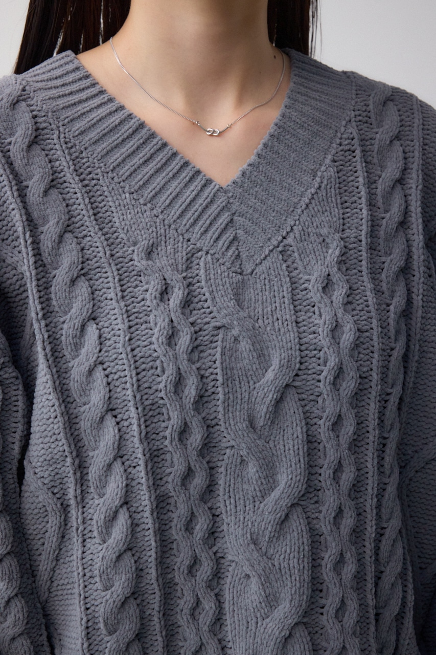 シェニールケーブルVネックロングニットトップス L/GRY M