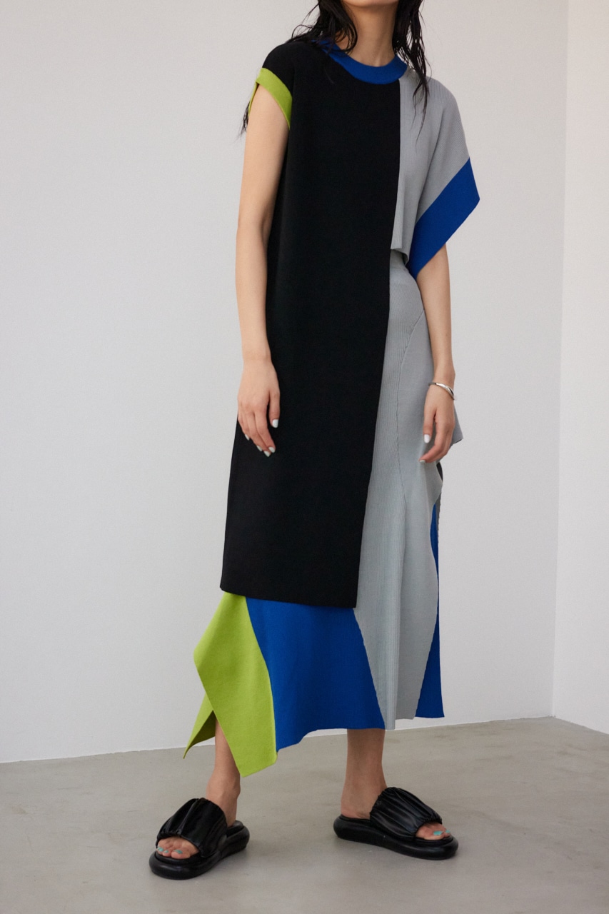 【PLUS】タックドレープニットスカート 柄BLU M