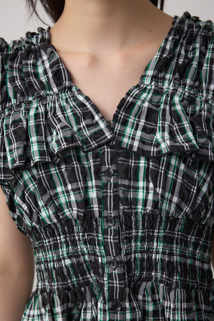 チェックシャーリングペプラムブラウス 柄BLK FREE