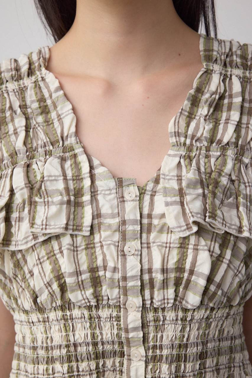 チェックシャーリングペプラムブラウス 柄WHT FREE