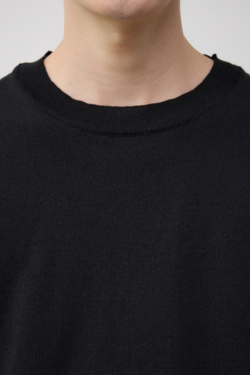 ブランケットステッチ半袖ニット BLK FREE