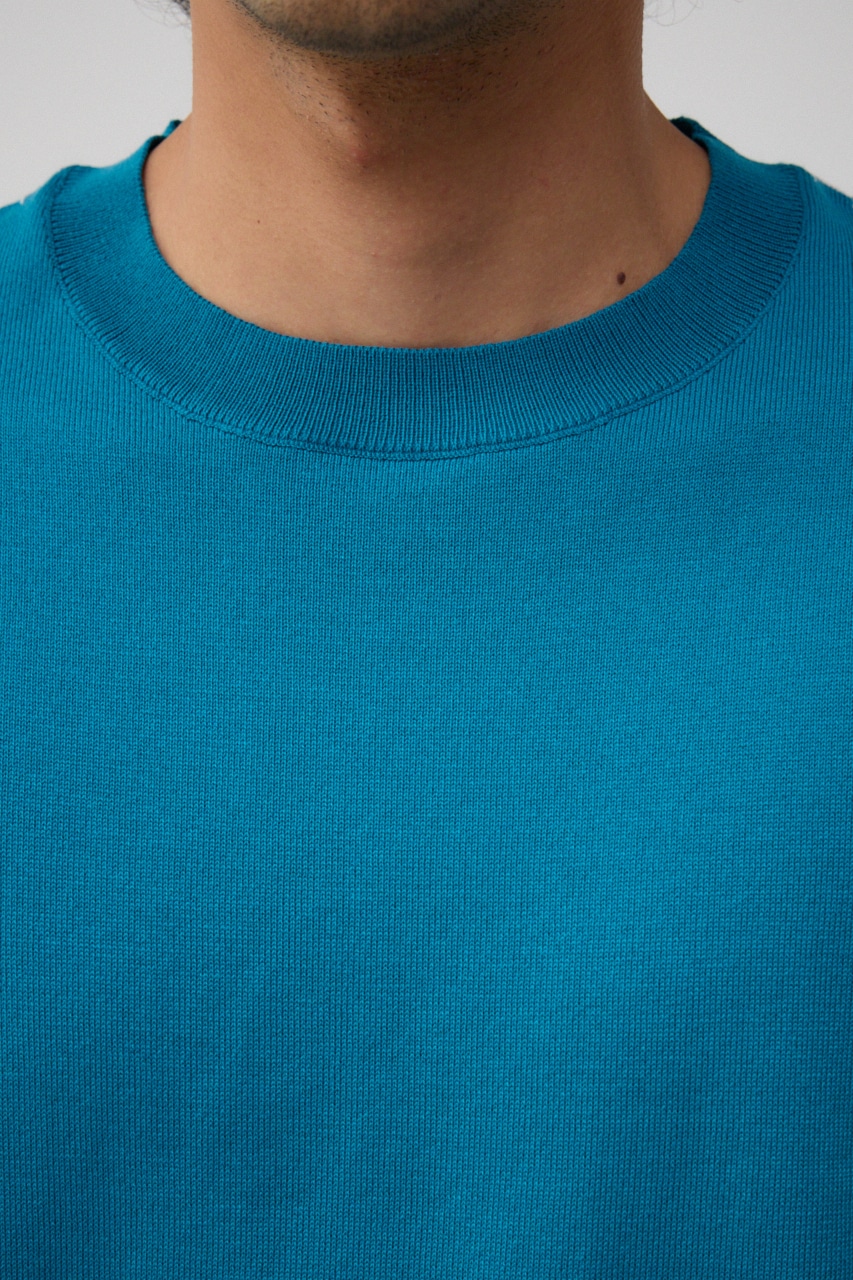 ブランケットステッチ半袖ニット BLU FREE