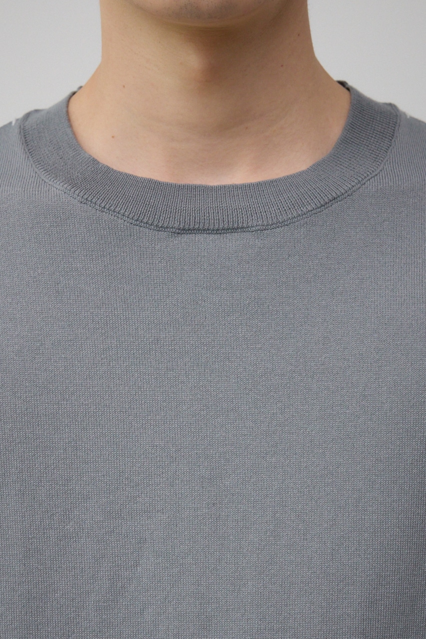 ブランケットステッチ半袖ニット L/GRY FREE