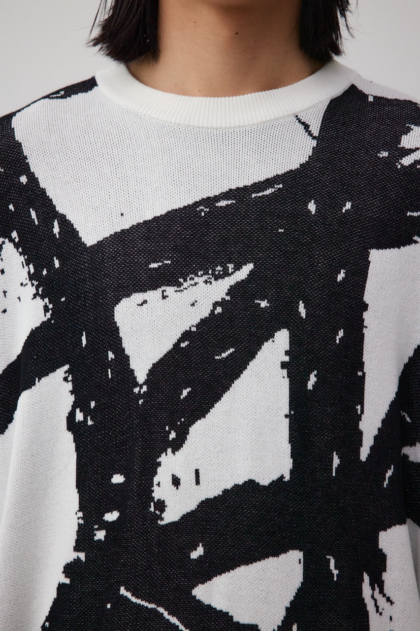 アブストラクトオーバーサイズニット 柄WHT FREE