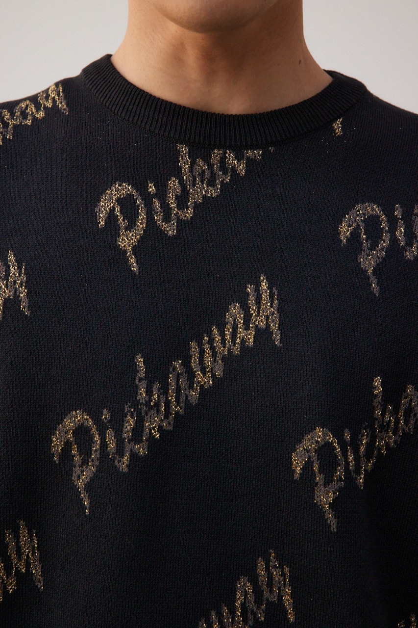 ゴールド総柄半袖ニットトップス 柄BLK FREE