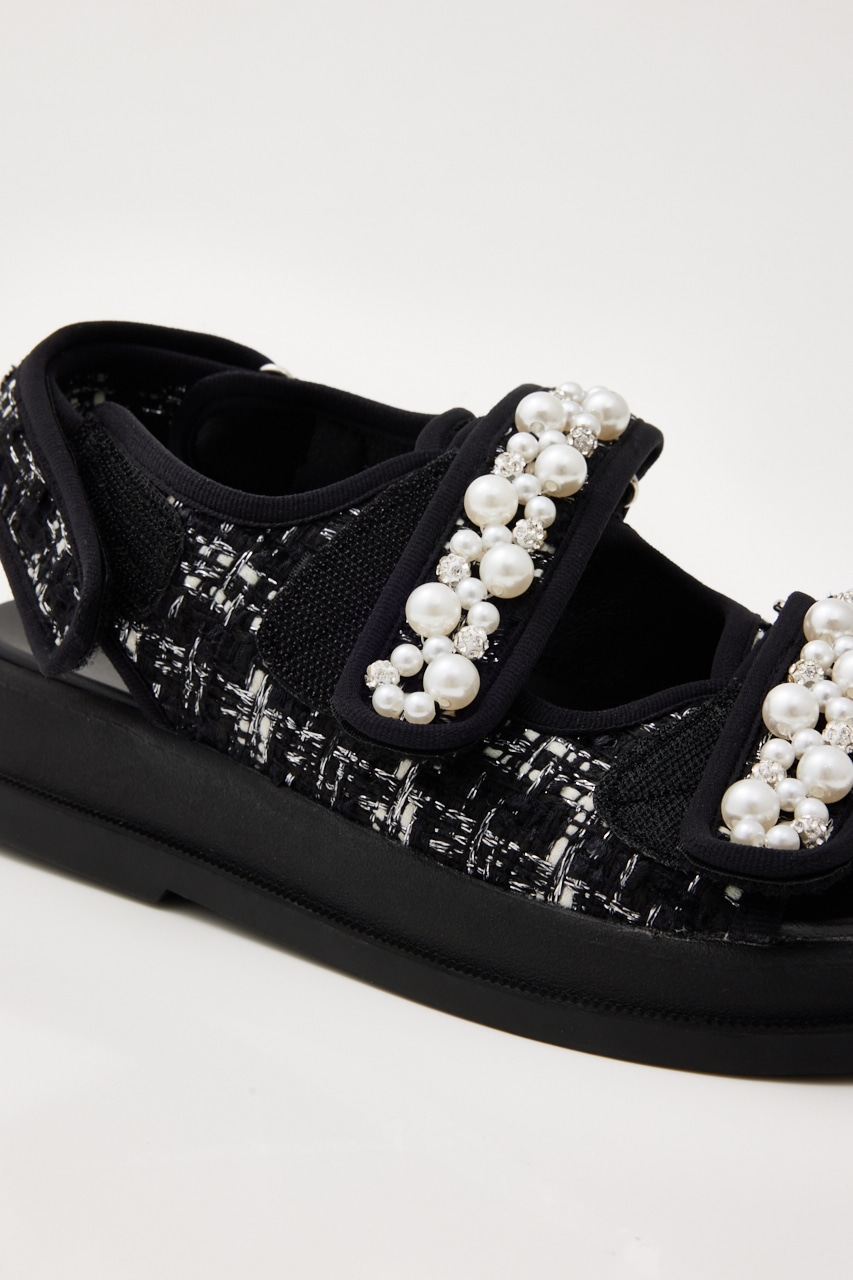 リ*コ様 ☆美品☆STACCATO パール装飾 スポーツサンダル 黒/白　23. ツイードMIXパールフラットサンダル（350HS137
