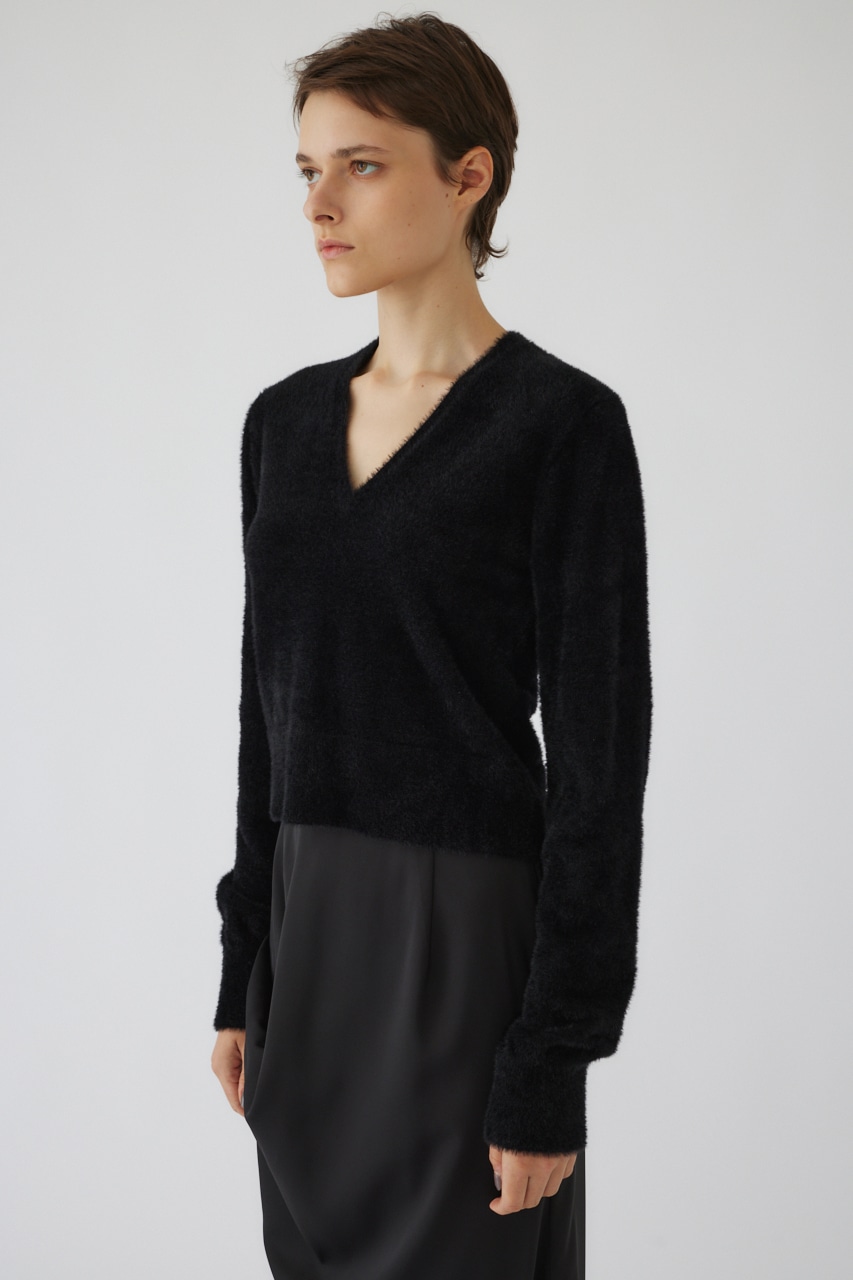 【LIMITED SALE】Shaggy v neck knit tops BLK FREE