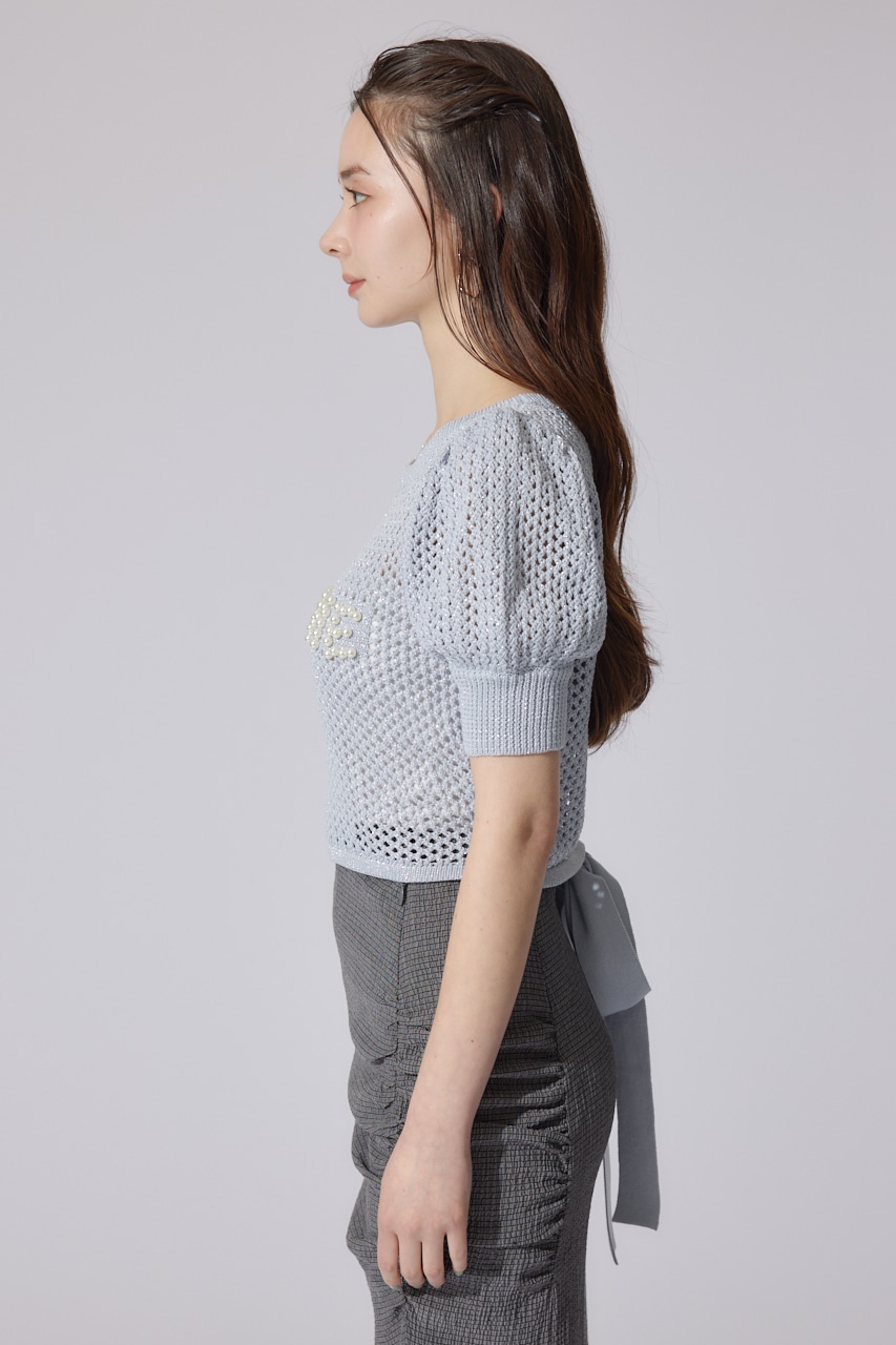 メッシュロゴショートニットトップス L/BLU FREE