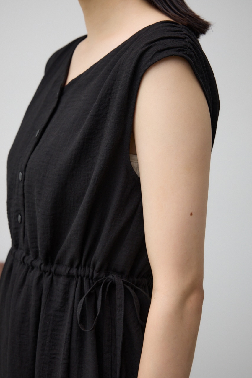 ウエスト切替袖ギャザーノースリーブワンピース BLK S