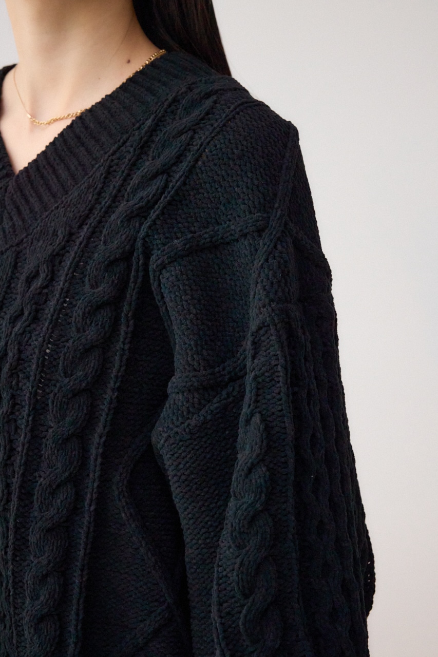 シェニールケーブルVネックロングニットトップス BLK S