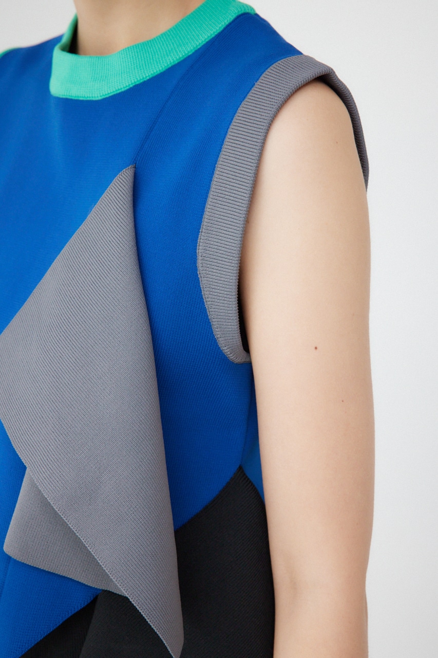【PLUS】アシンメトリーヘムニットベスト 柄BLU FREE