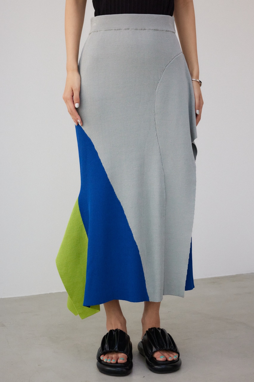 【PLUS】タックドレープニットスカート 柄BLU M