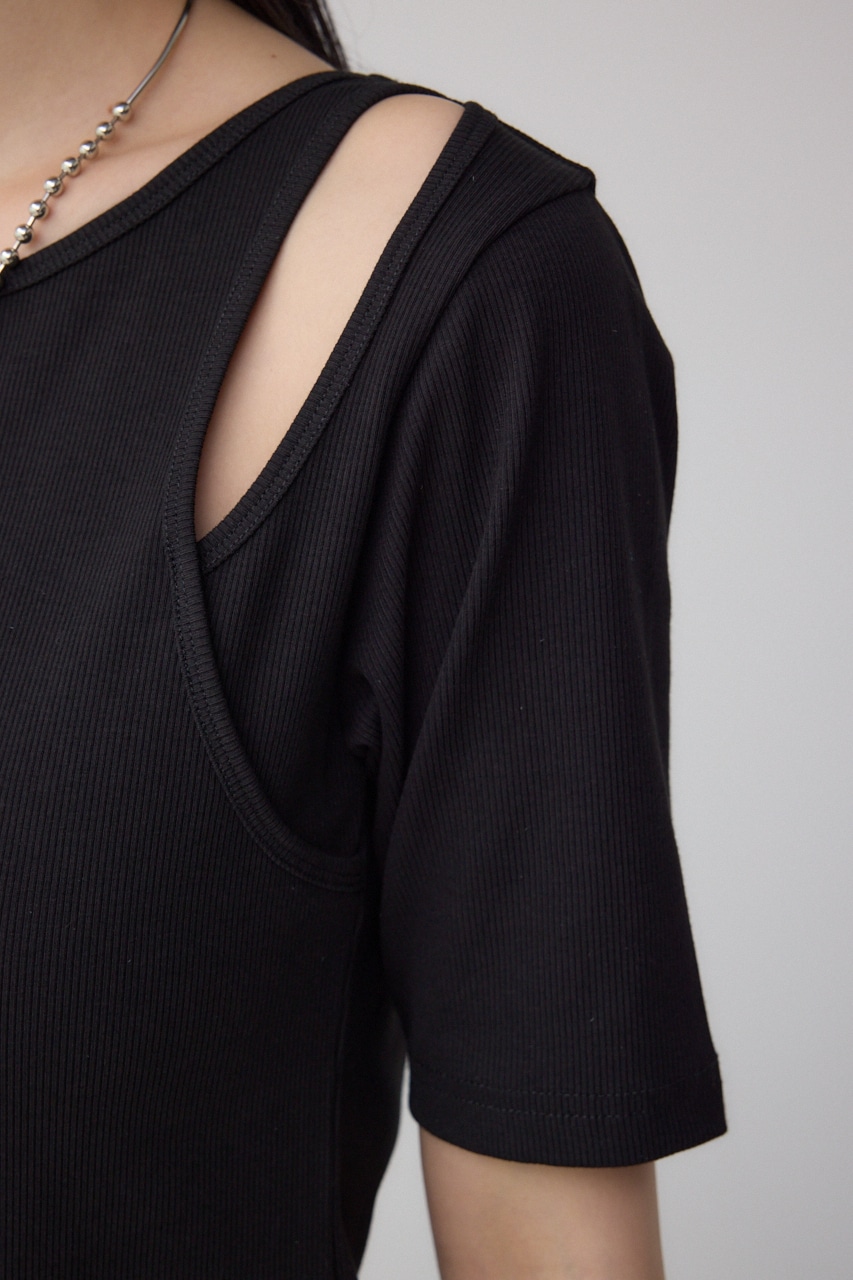 デザインネックショートTシャツ BLK FREE