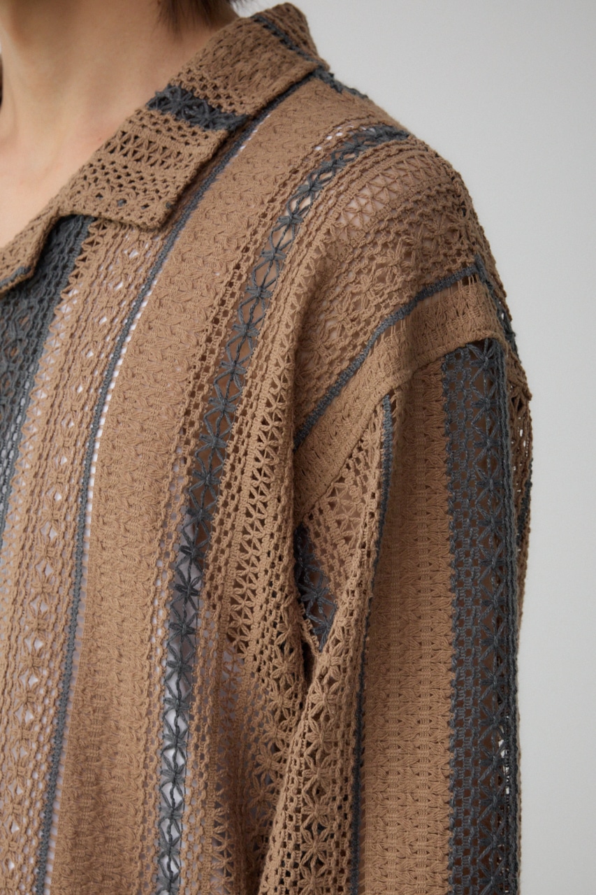 メッシュ開襟長袖シャツ 柄BEG FREE