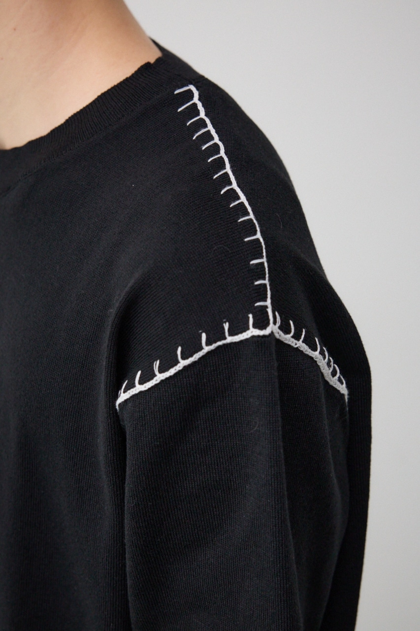 ブランケットステッチ半袖ニット BLK FREE