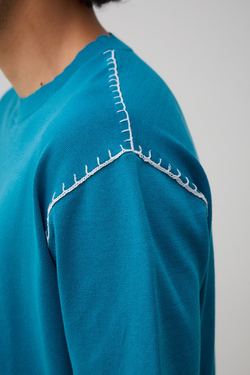 ブランケットステッチ半袖ニット BLU FREE