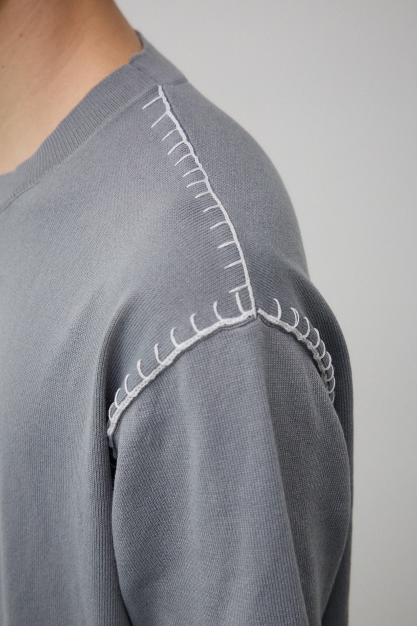 ブランケットステッチ半袖ニット L/GRY FREE