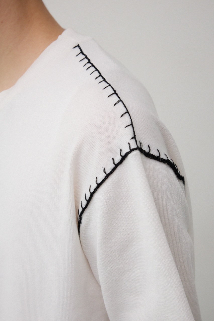 ブランケットステッチ半袖ニット O/WHT FREE