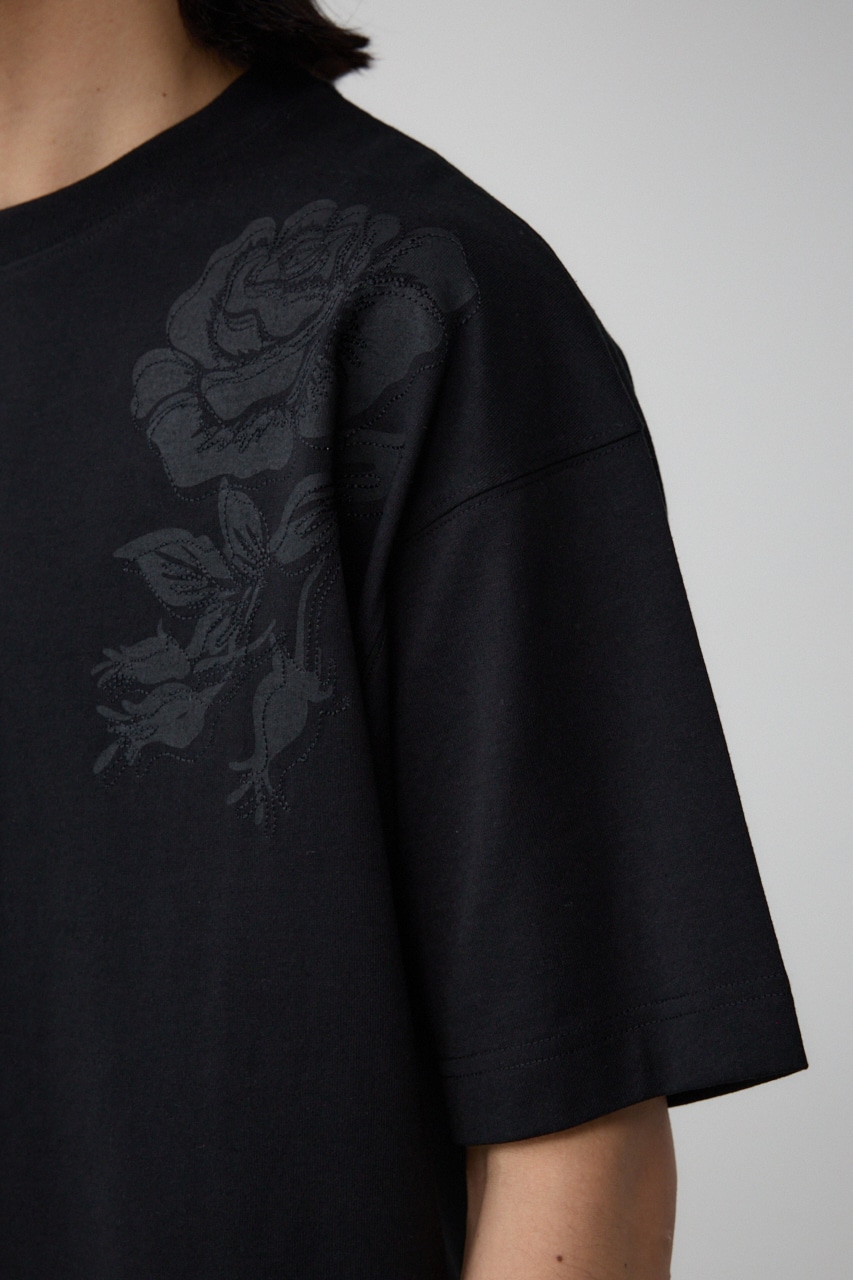 フラワープリント刺繍TEE BLK FREE