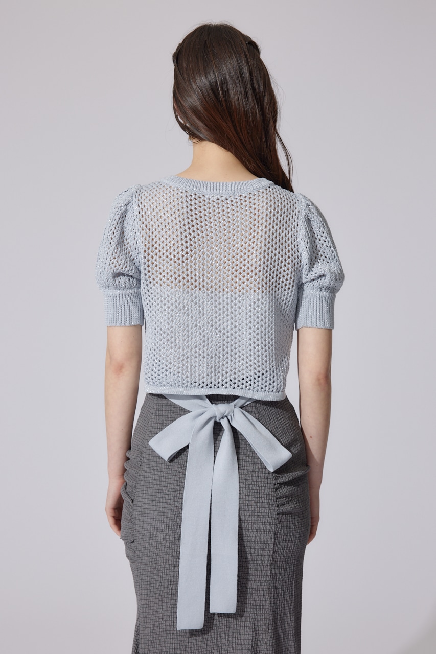 メッシュロゴショートニットトップス L/BLU FREE