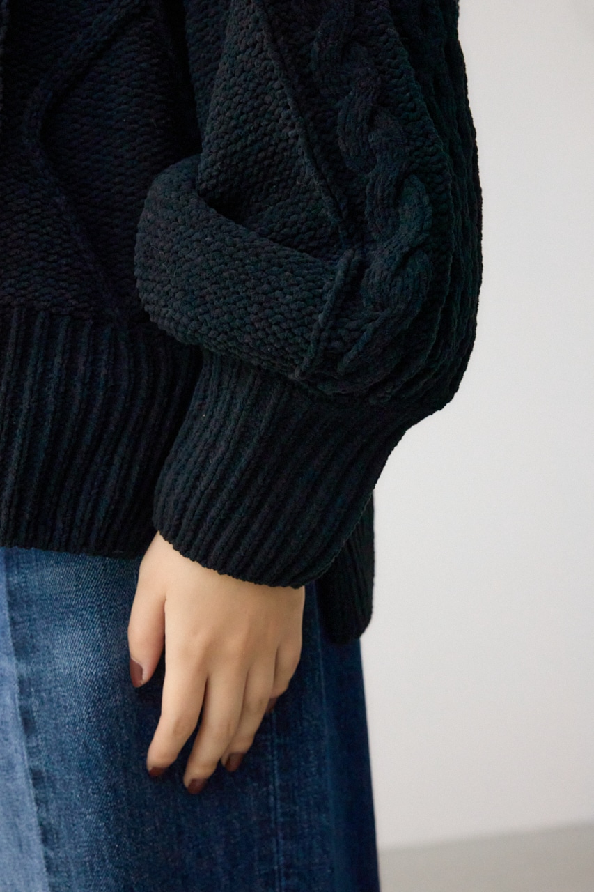 シェニールケーブルVネックロングニットトップス BLK S