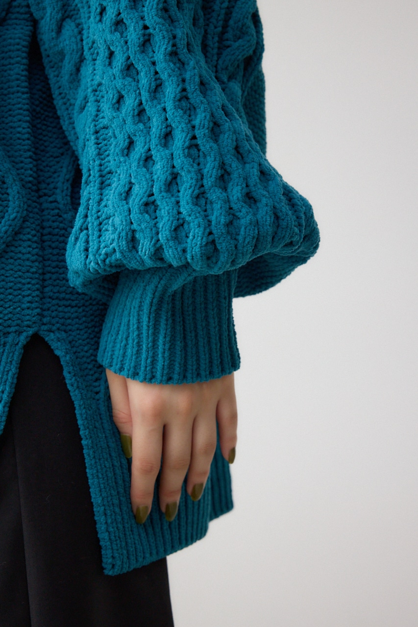 シェニールケーブルVネックロングニットトップス D/GRN S