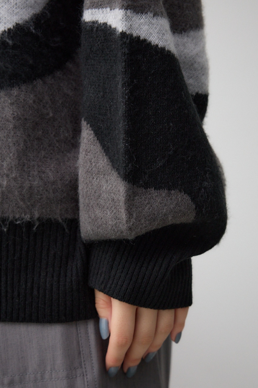 マーブルジャガードニットトップス 柄BLK FREE