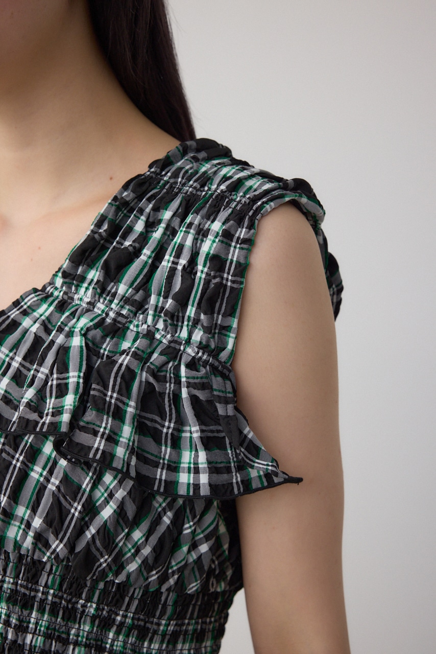 チェックシャーリングペプラムブラウス 柄BLK FREE