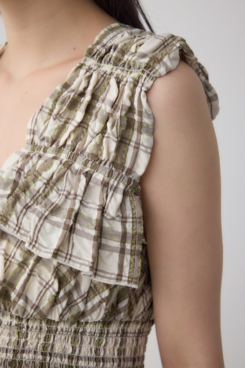 チェックシャーリングペプラムブラウス 柄WHT FREE