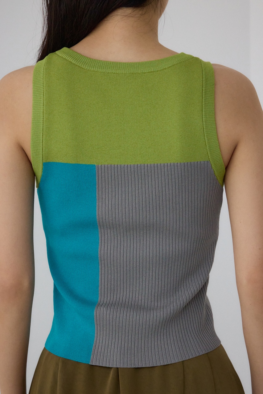【PLUS】カップ付きバイカラーニットタンクトップ LIME FREE