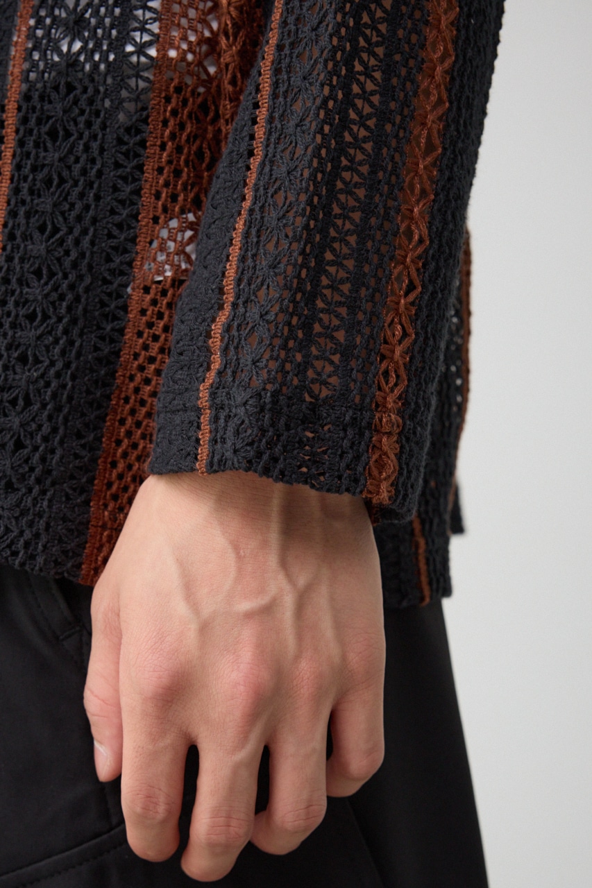 メッシュ開襟長袖シャツ 柄BLK FREE