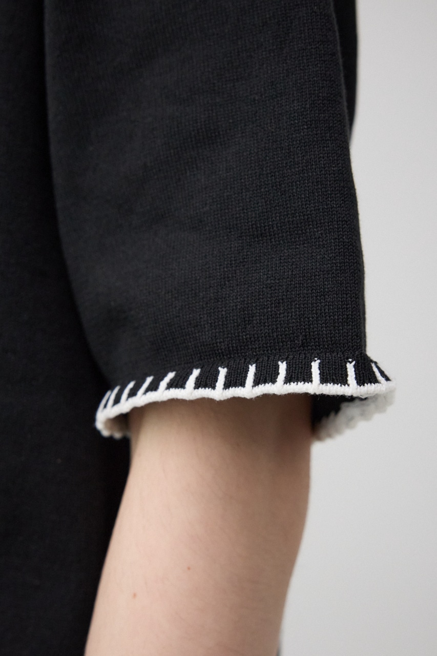 ブランケットステッチ半袖ニット BLK FREE