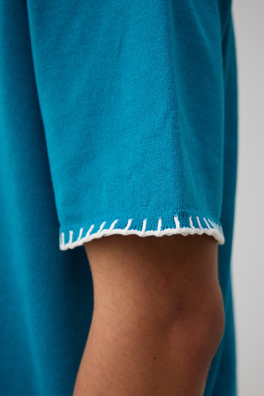 ブランケットステッチ半袖ニット BLU FREE