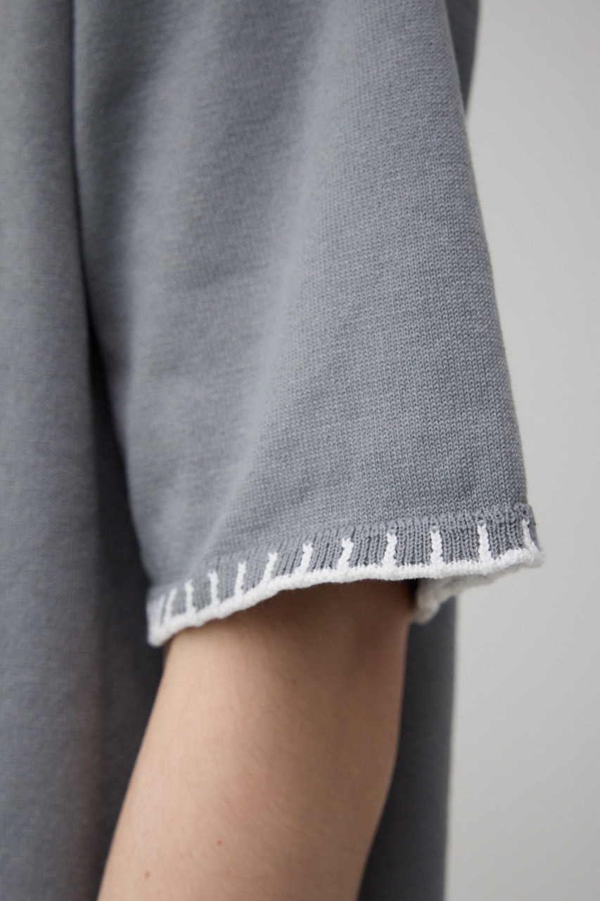 ブランケットステッチ半袖ニット L/GRY FREE