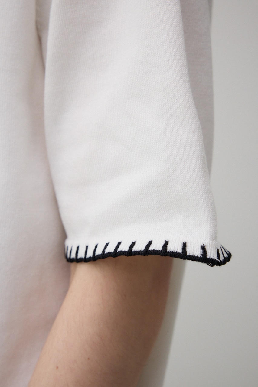 ブランケットステッチ半袖ニット O/WHT FREE