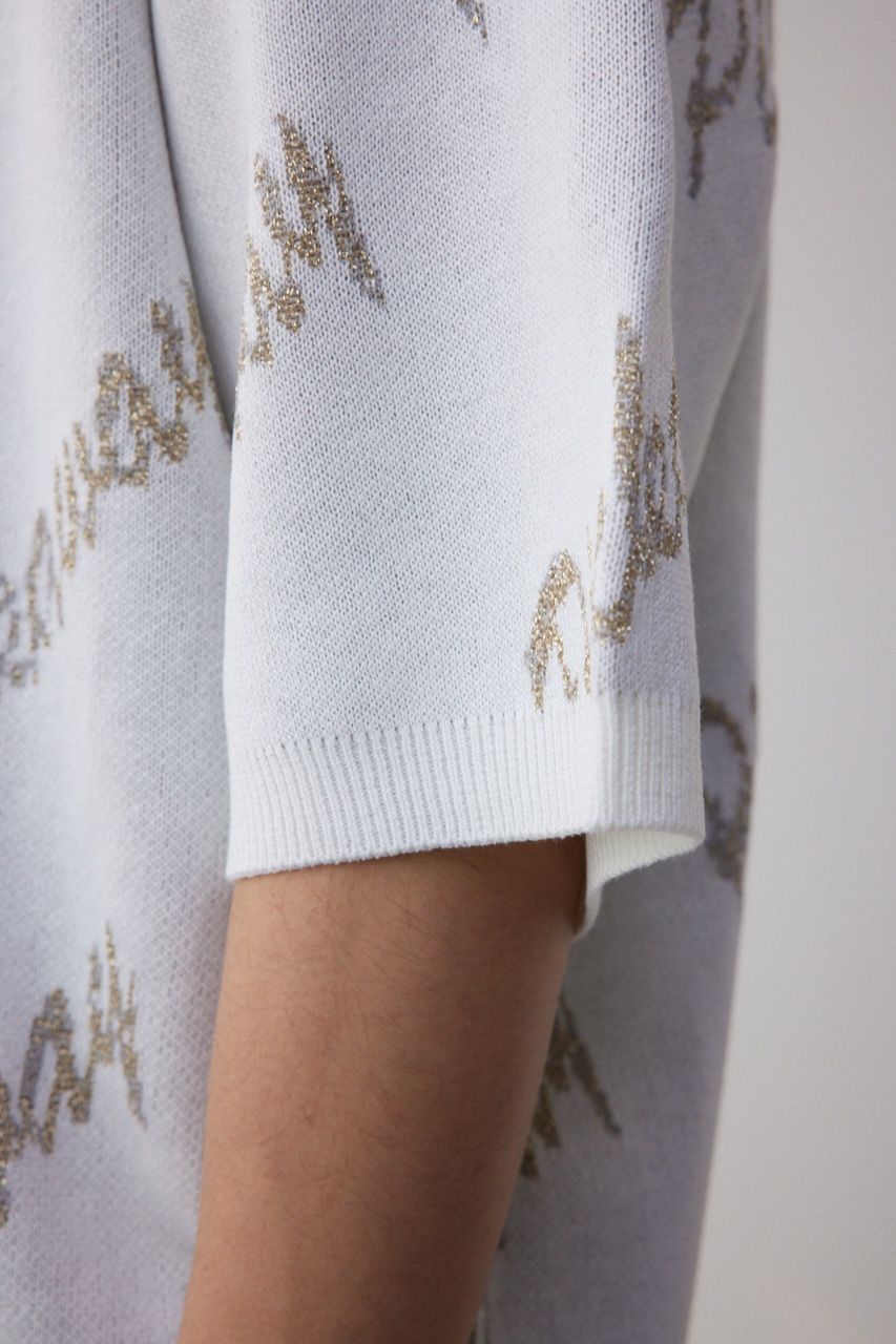 ゴールド総柄半袖ニットトップス 柄WHT FREE