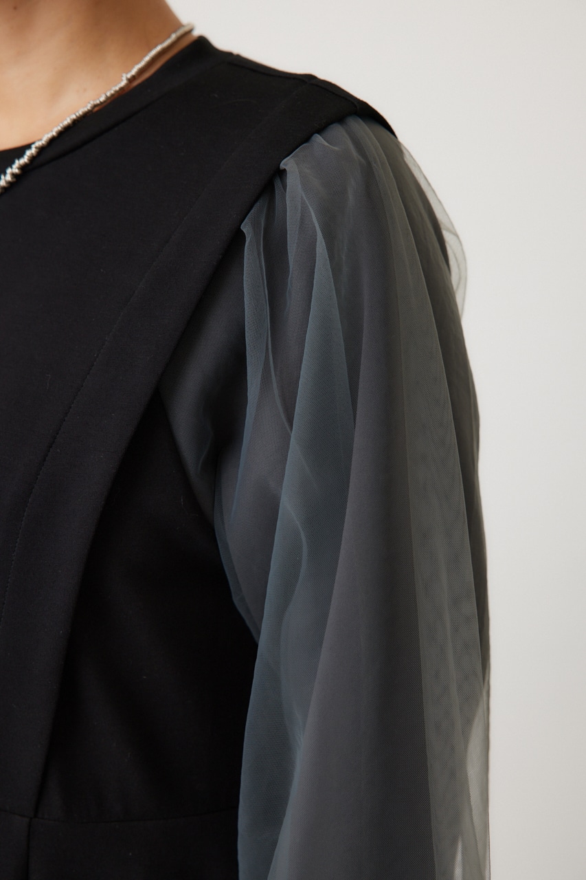 チュールスリーブドッキングワンピース BLK FREE