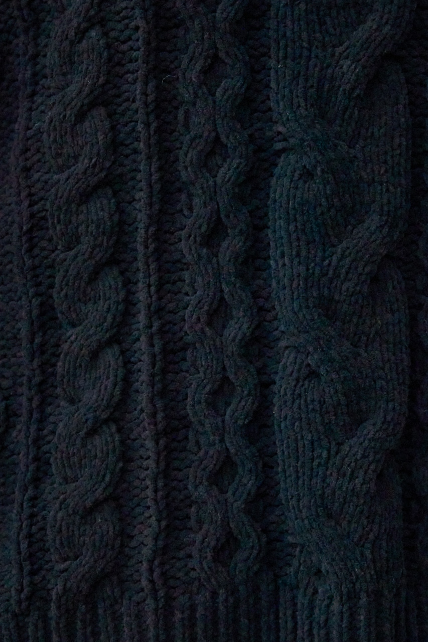 シェニールケーブルVネックロングニットトップス BLK S