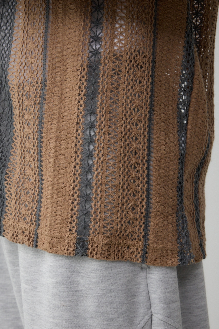 メッシュ開襟長袖シャツ 柄BEG FREE