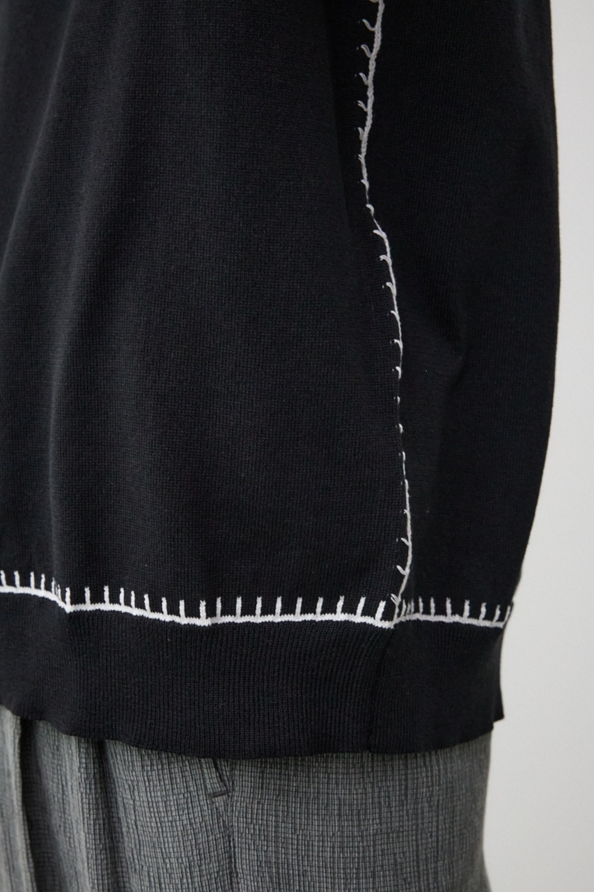 ブランケットステッチ半袖ニット BLK FREE
